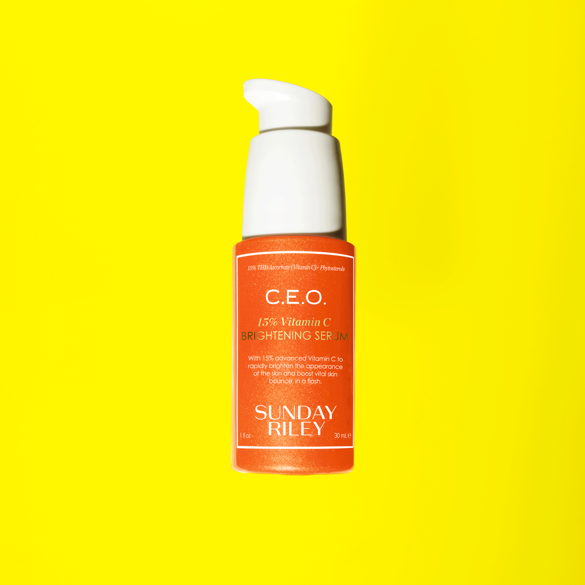 C.E.O. Vitamin C Serum on a bright yellow background with goops like Pollock dab, GIF animation