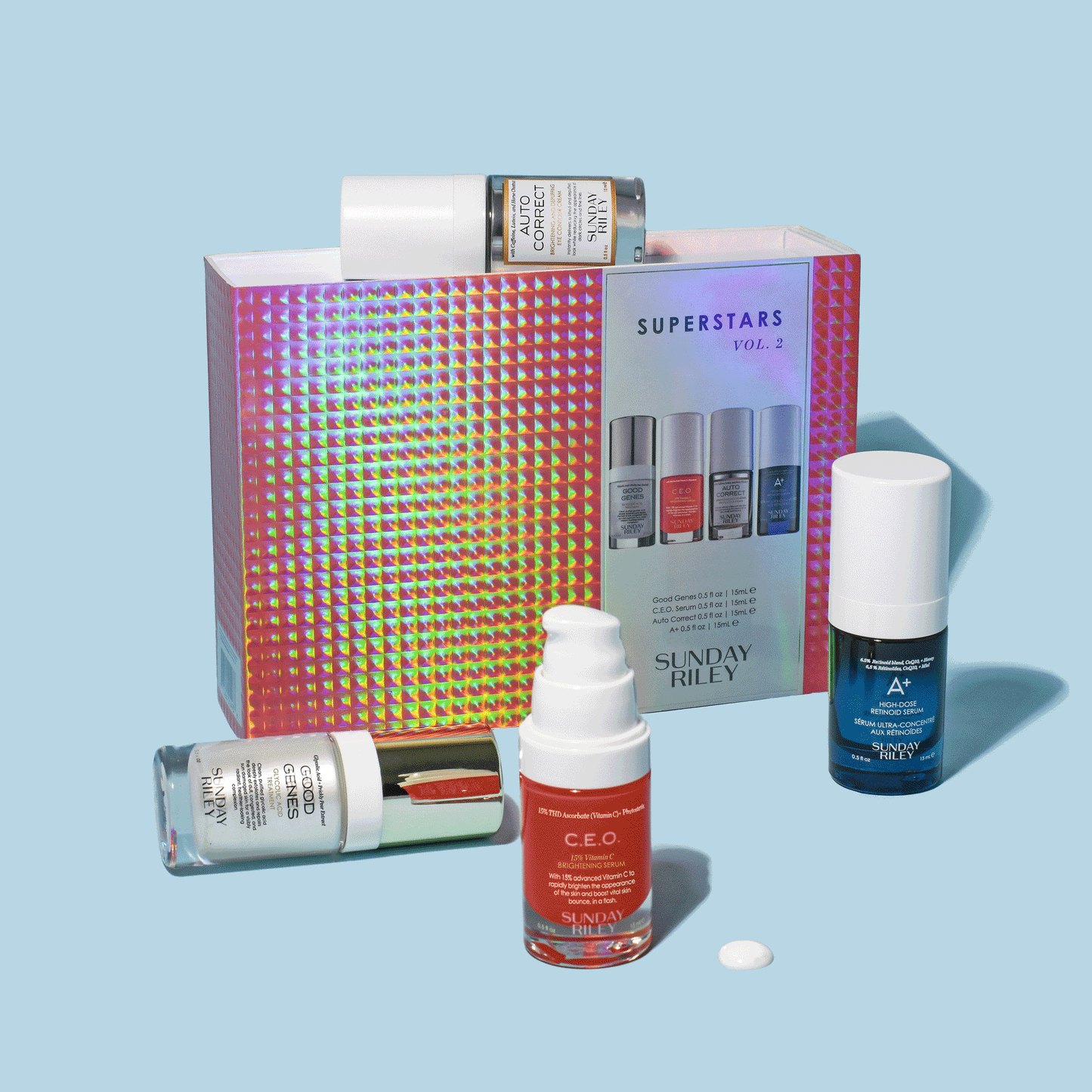 Animation Superstars pack shot with products bottle moving around the package on a light blue background