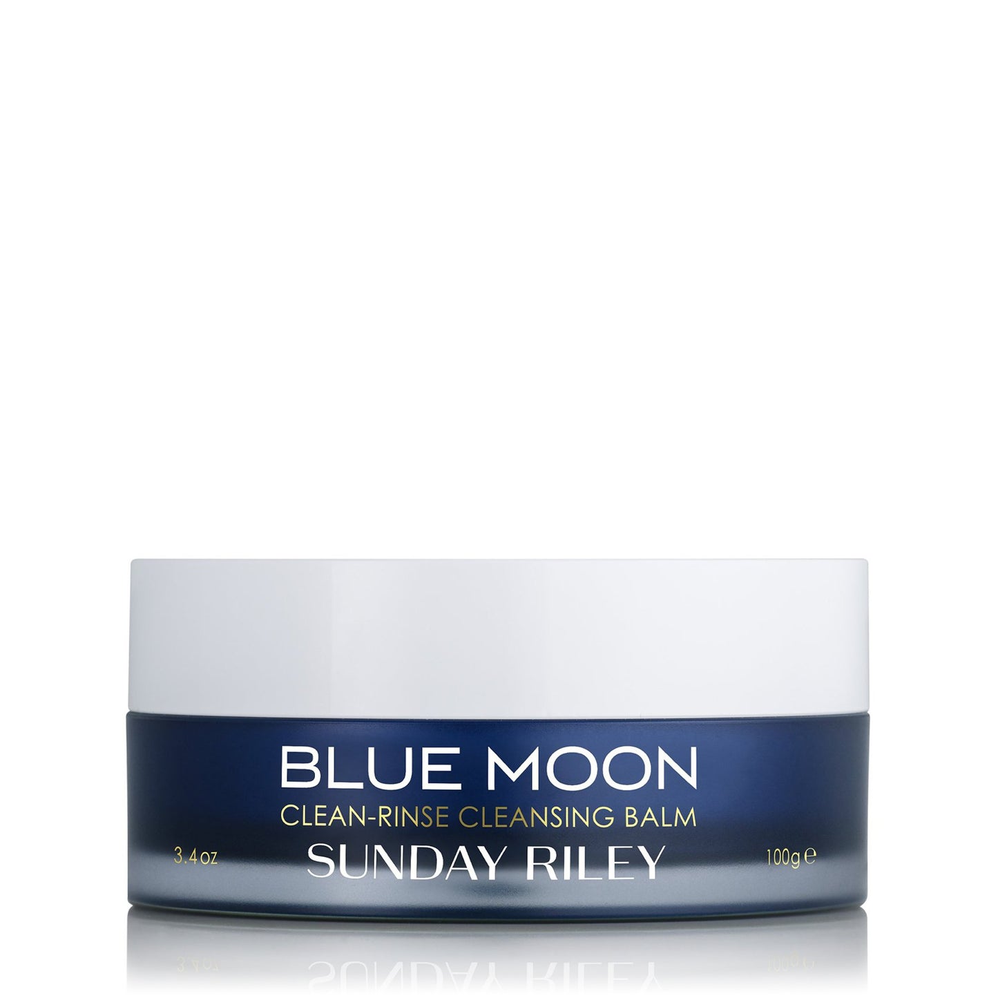 Blue Moon Clean Rinse Cleansing Balm, dark blue jar with white cap with white back ground.
