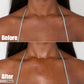 Before and after comparison of a model’s décolleté, showing the visible effects of C.E.O. Vitamin C Body Butter in just one hour, with smoother, brighter skin.