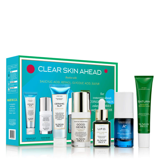 Clear Skin Ahead kit pack shot with Ceramic Slip, Good Genes,  U.F.O., A+ and Saturn bottles