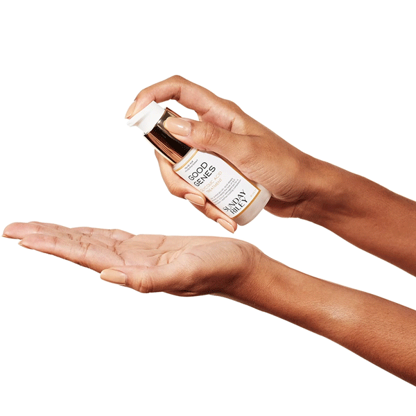 GIF Animation: Hands holding frosted glass bottle, Good Genes Glycolic being dispensed onto open hand (palm of hand).