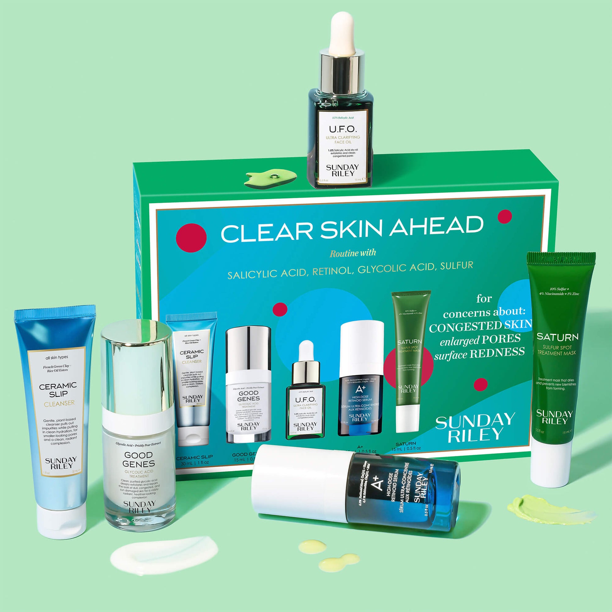 Clear Skin Ahead kit on a light green background with product bottles and some goops around it