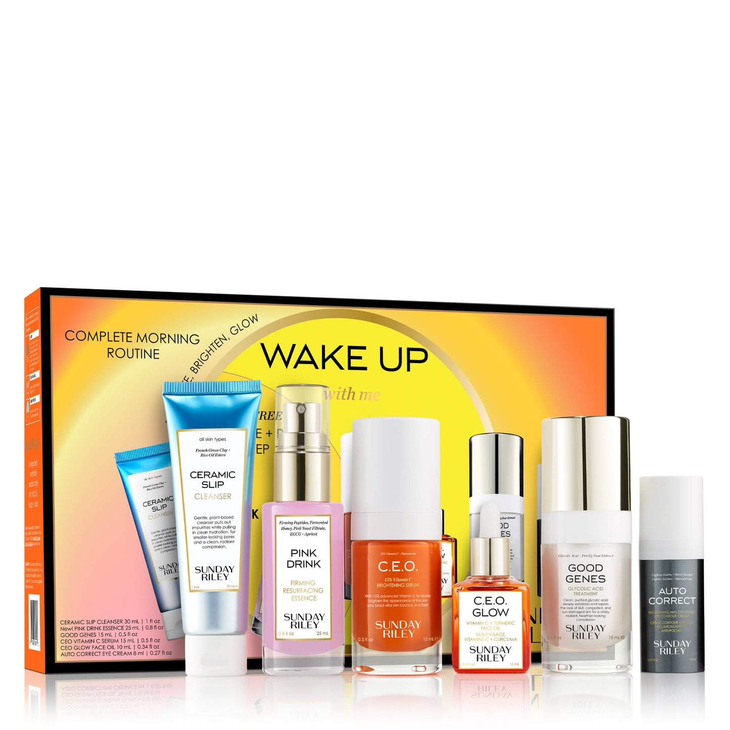 Wake Up With Me kit pack shot with Ceramic Slip, Pink Drink, C.E.O. Serum, C.E.O. Glow, Good Genes and Auto Correct bottles