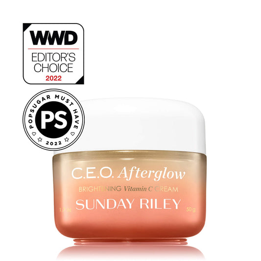 C.E.O. Afterglow Brightening Vitamin C Cream pack shot with 2022 WWD EDITOR'S CHOICE BADGE, and 2022 POPSUGAR MUST HAVE BADGE