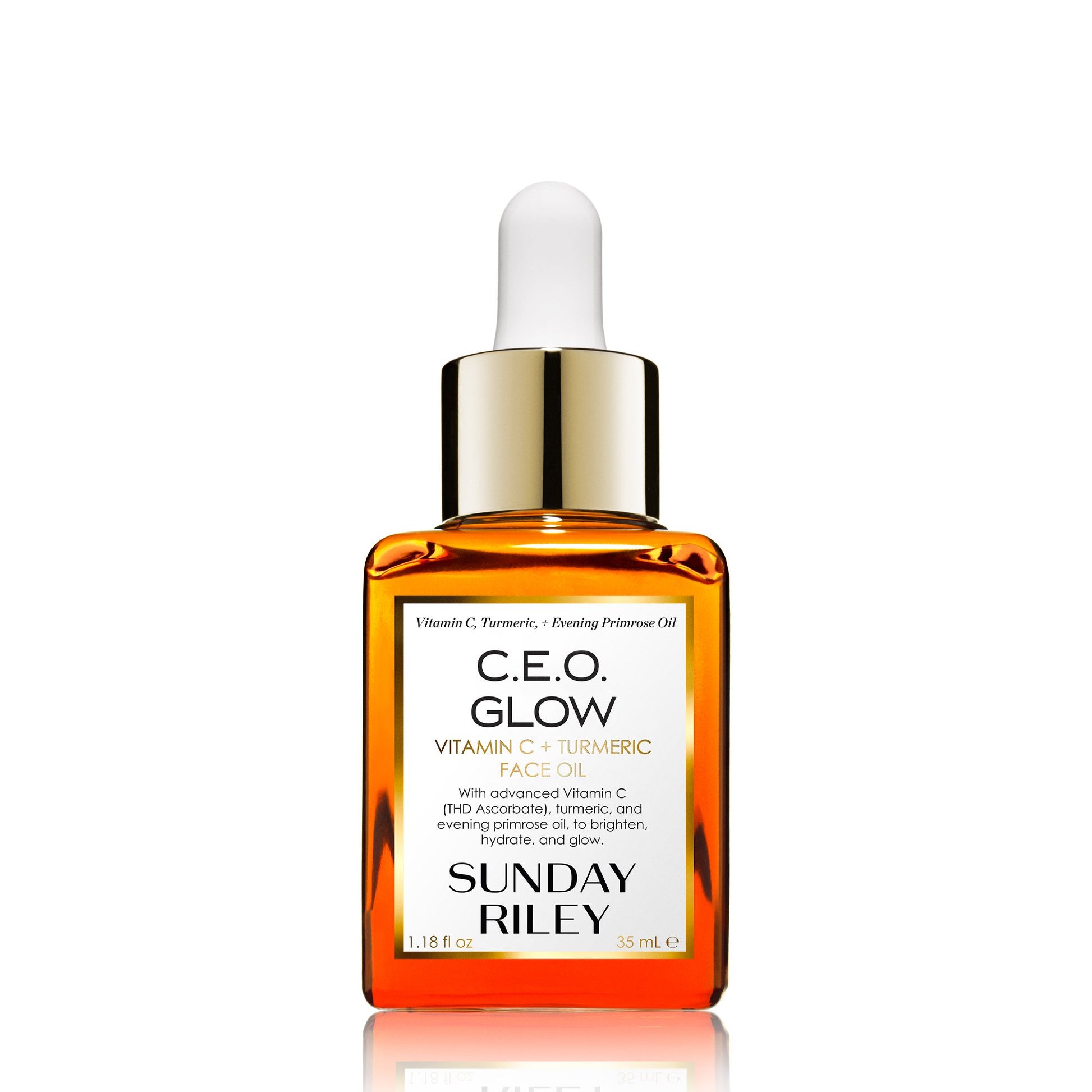 C.E.O. Glow Face Oil in a orange gradient glass bottle with silicon dropper.