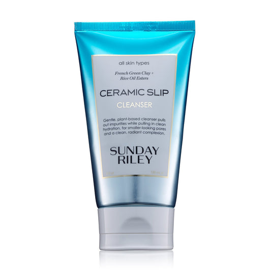 Ceramic Slip Cleanser, metallic finish, gradient color from turquoise blue to silver