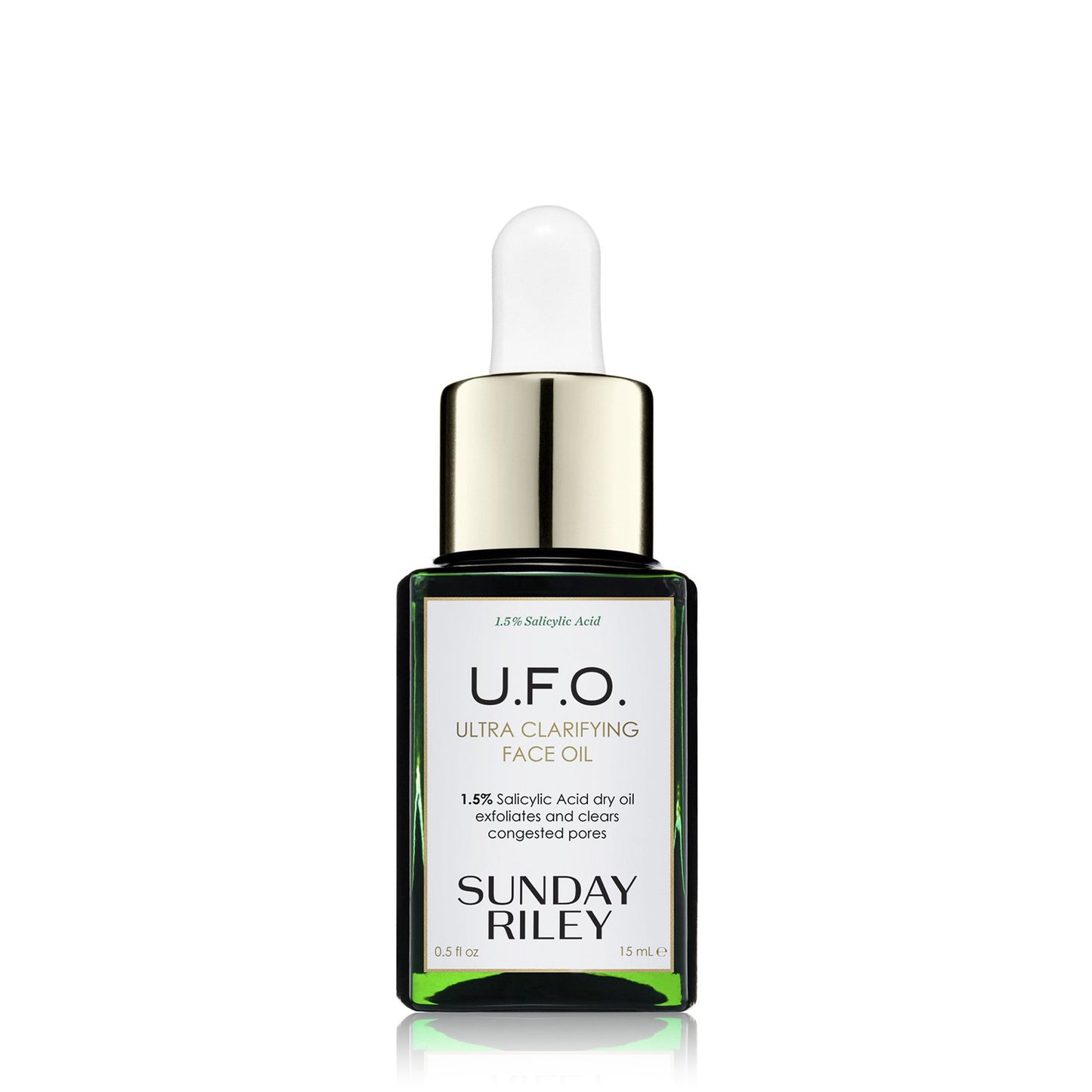 U.F.O. Ultra-Clarifying Face Oil in a green gradient glass bottle with silicon dropper.